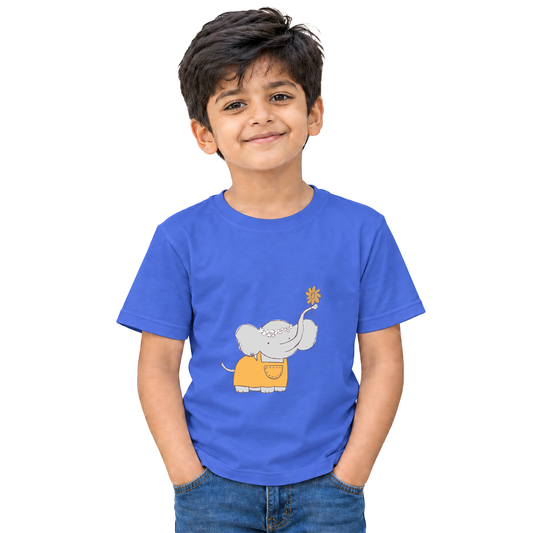 Boy wearing blue round-neck kids cotton T-shirt with grey elephant and yellow flower print