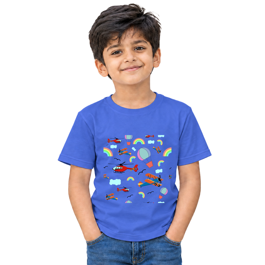 Boy wearing blue round-neck kids cotton T-shirt with helicopters, planes and rainbows print