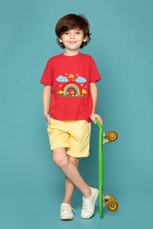 Boy wearing red round-neck kids cotton T-shirt with rainbow, clouds and meadow print