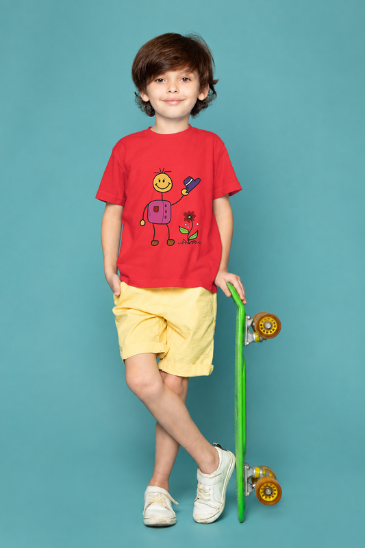 Boy wearing red round-neck kids cotton T-shirt with smiling character and flower print