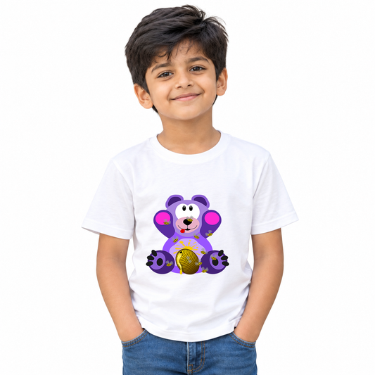 Boy wearing white round-neck kids cotton T-shirt with purple bear and honeypot print