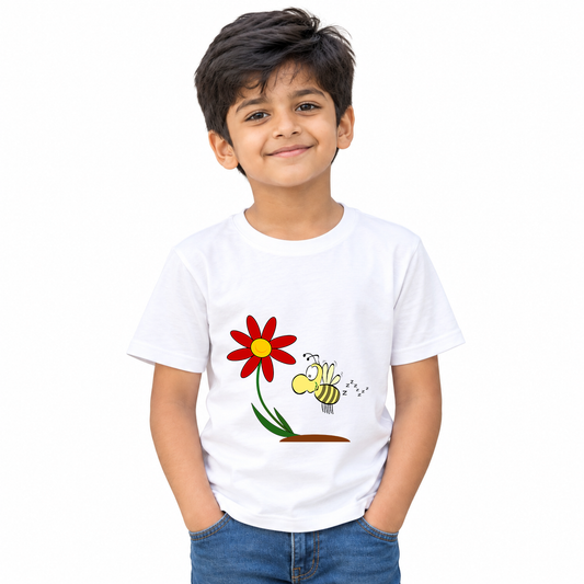 Boy wearing white round-neck kids cotton T-shirt with sleepy bee and red flower print