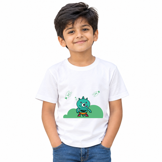Boy wearing white round-neck kids cotton T-shirt with green one-eyed monster print