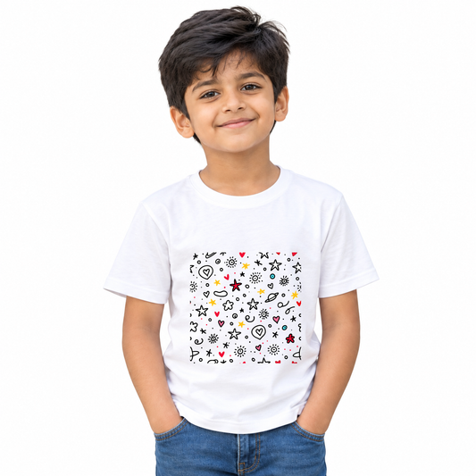 Boy wearing white round-neck kids cotton T-shirt with hand-drawn stars and hearts doodle print
